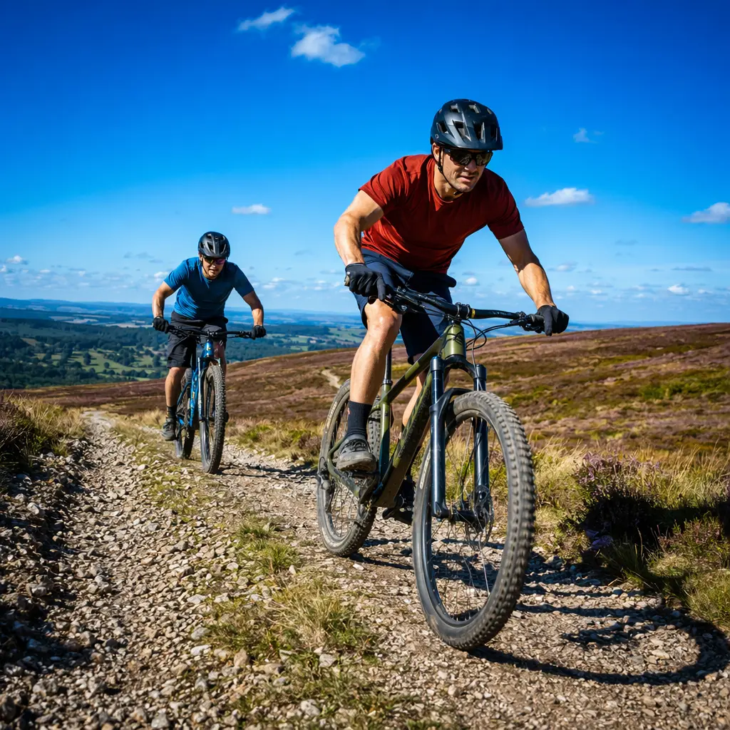 Two hardtail mountain bikes riding on a sunny gravel track under a blue sky