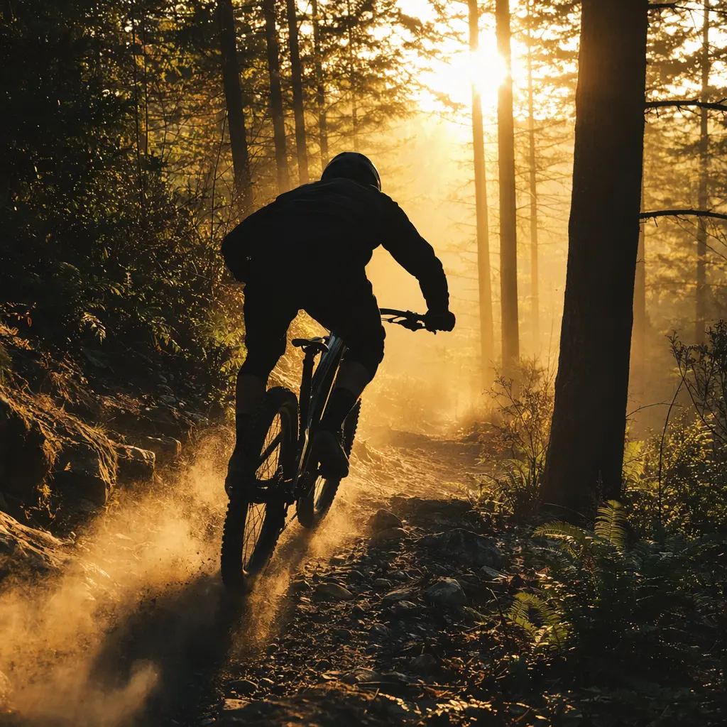 Rider descending a woodland trail on a mountain bike in warm morning sunlight