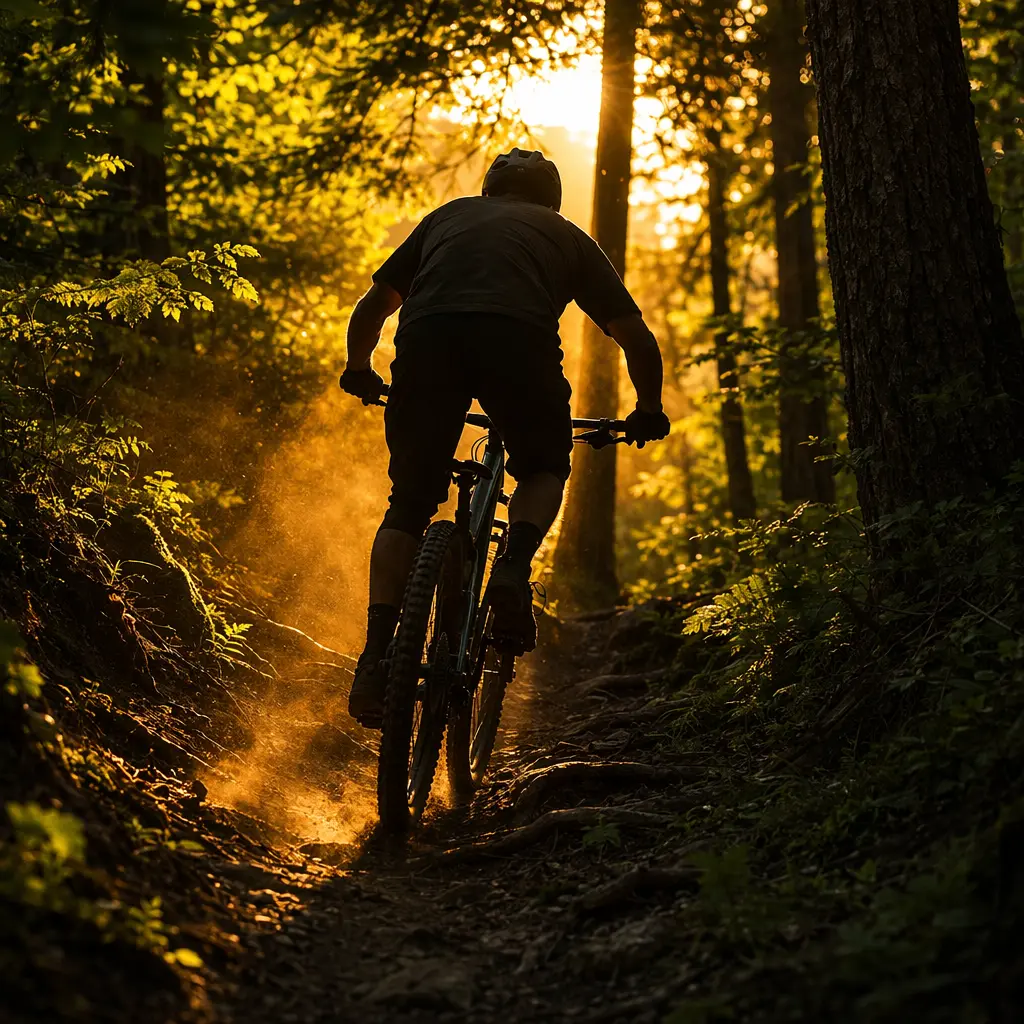 Silhouetted rider on a mountain bike riding a sunlit forest trail at golden hour