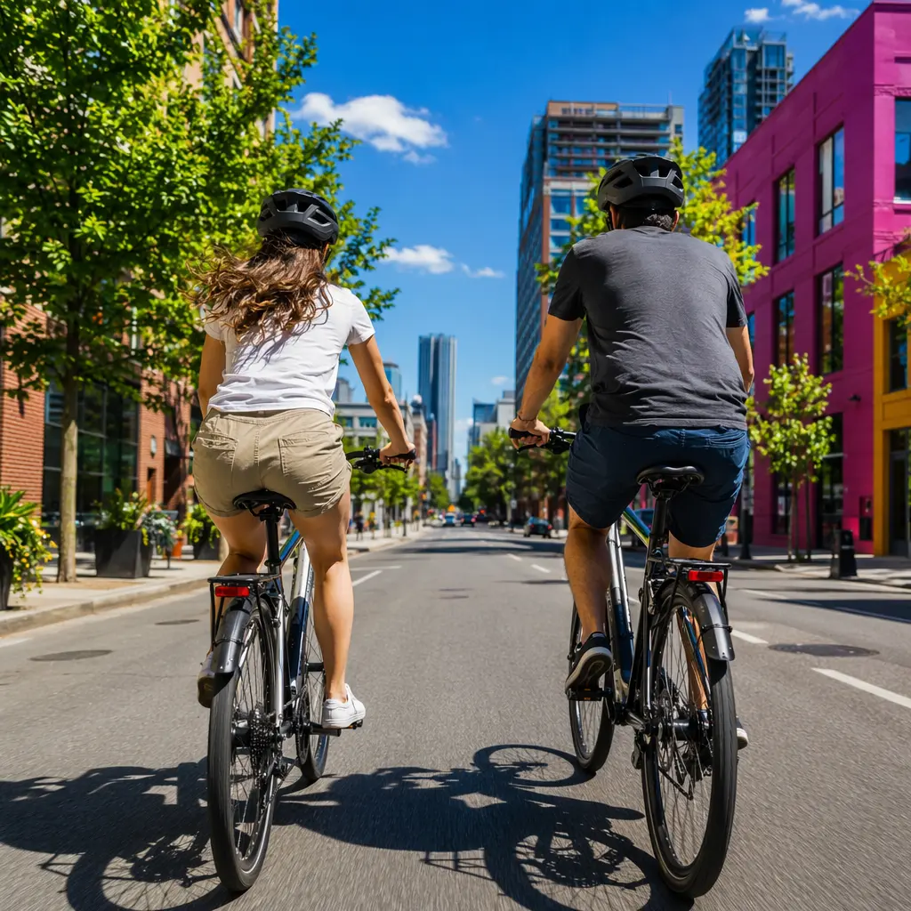 Two hybrid bikes being ridden on a bright city street in sunny conditions