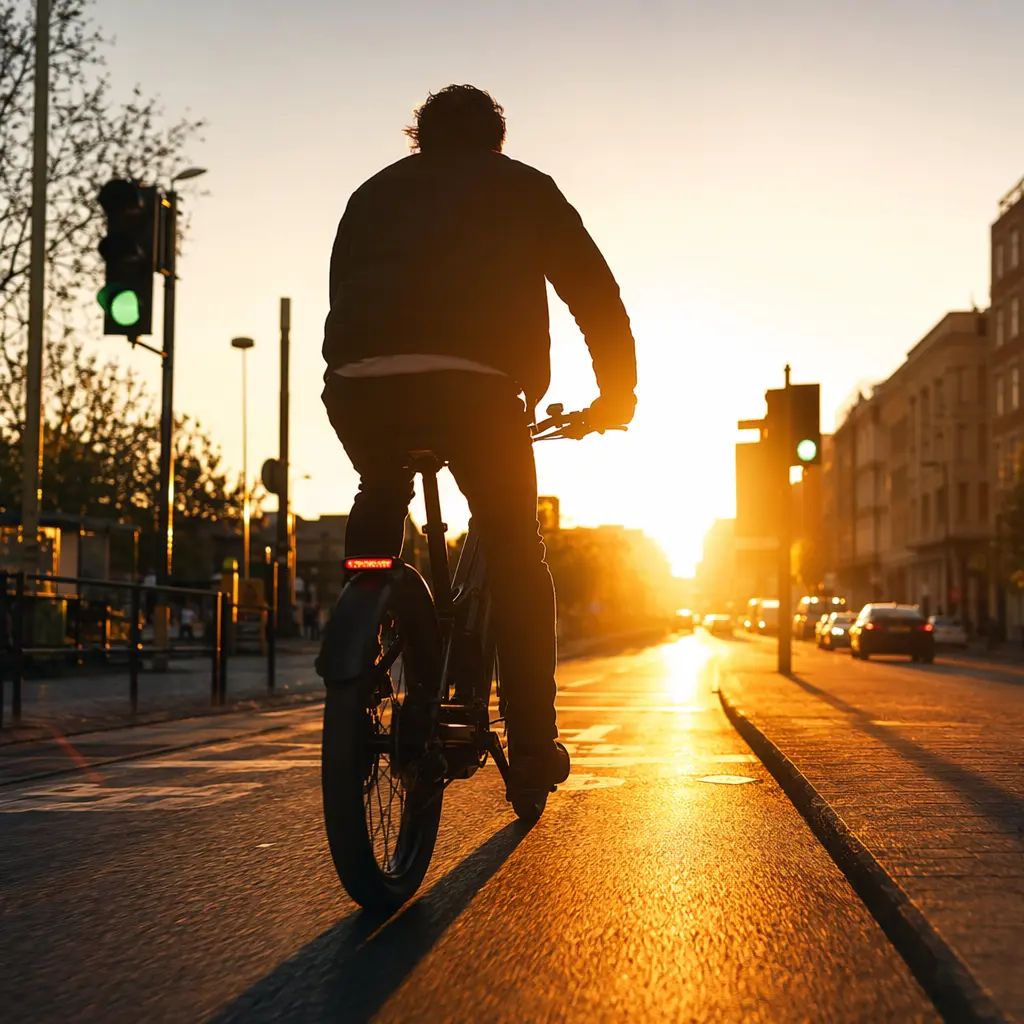 Silhouetted rider accelerating on an electric bike at golden hour in a UK city