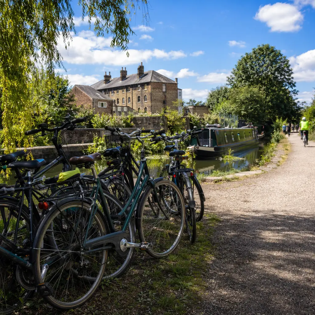 Everyday commuter bikes parked along a sunny canal towpath