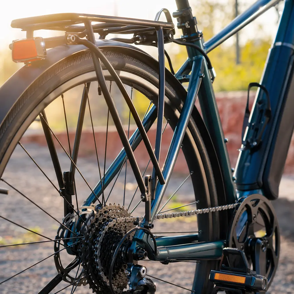 Close-up of practical commuter bike components including gears and rack