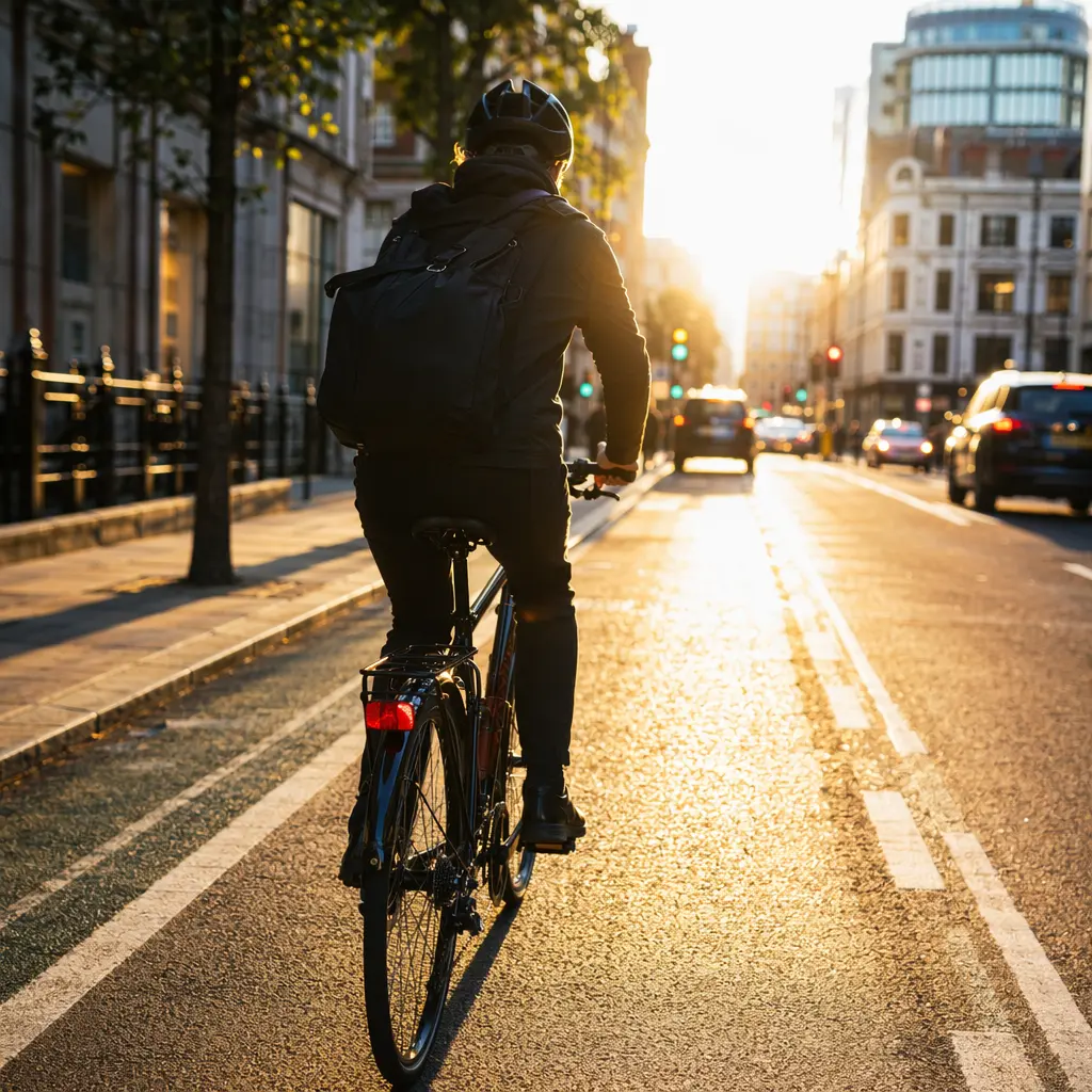 A commuter cycling through a sunlit city street with practical bike features visible