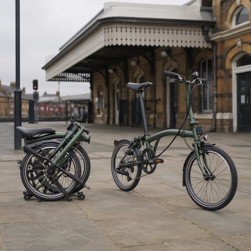 A compact folding bike shown folded and unfolded near a UK train station