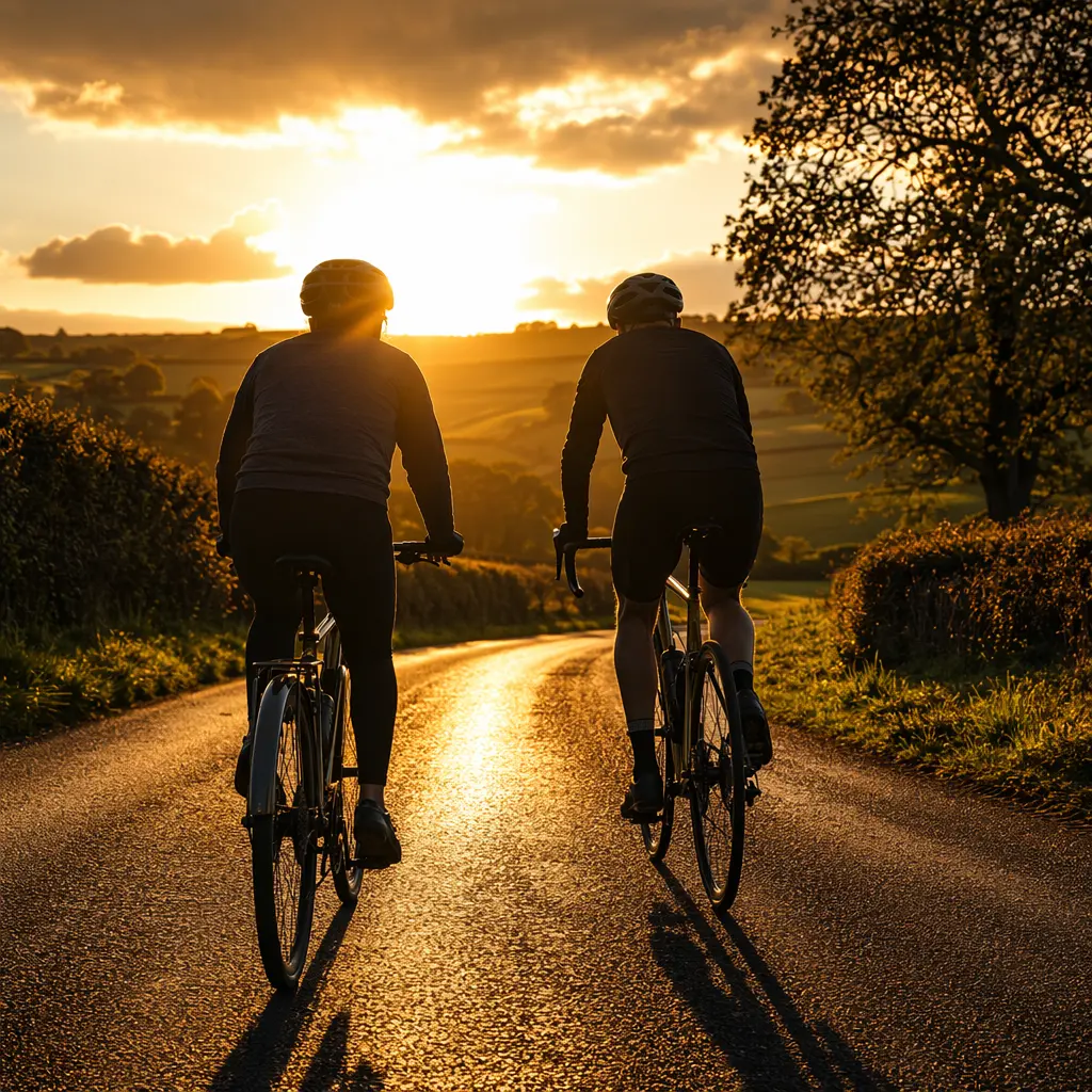 Two cyclists riding along a sunlit country lane, silhouetted in warm golden-hour light.