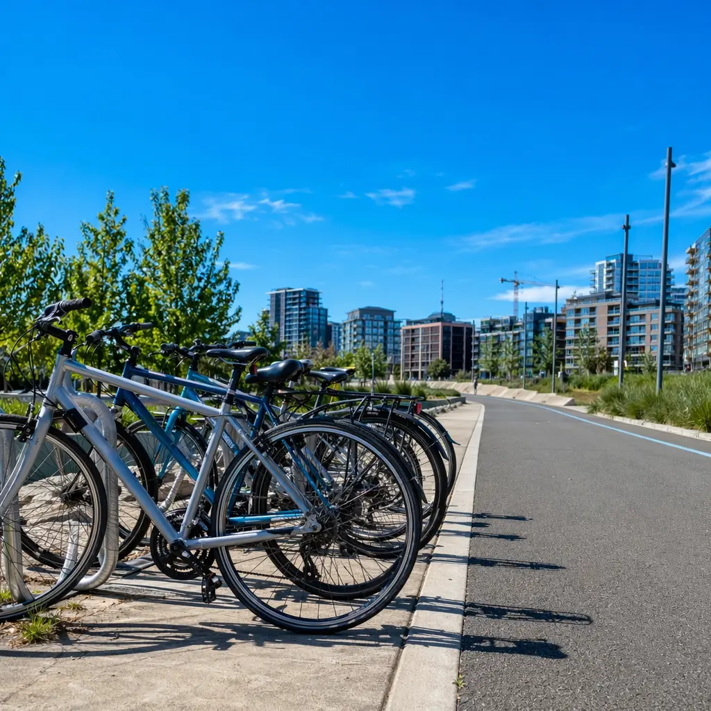 Hybrid bikes lined up on a sunny urban cycle path