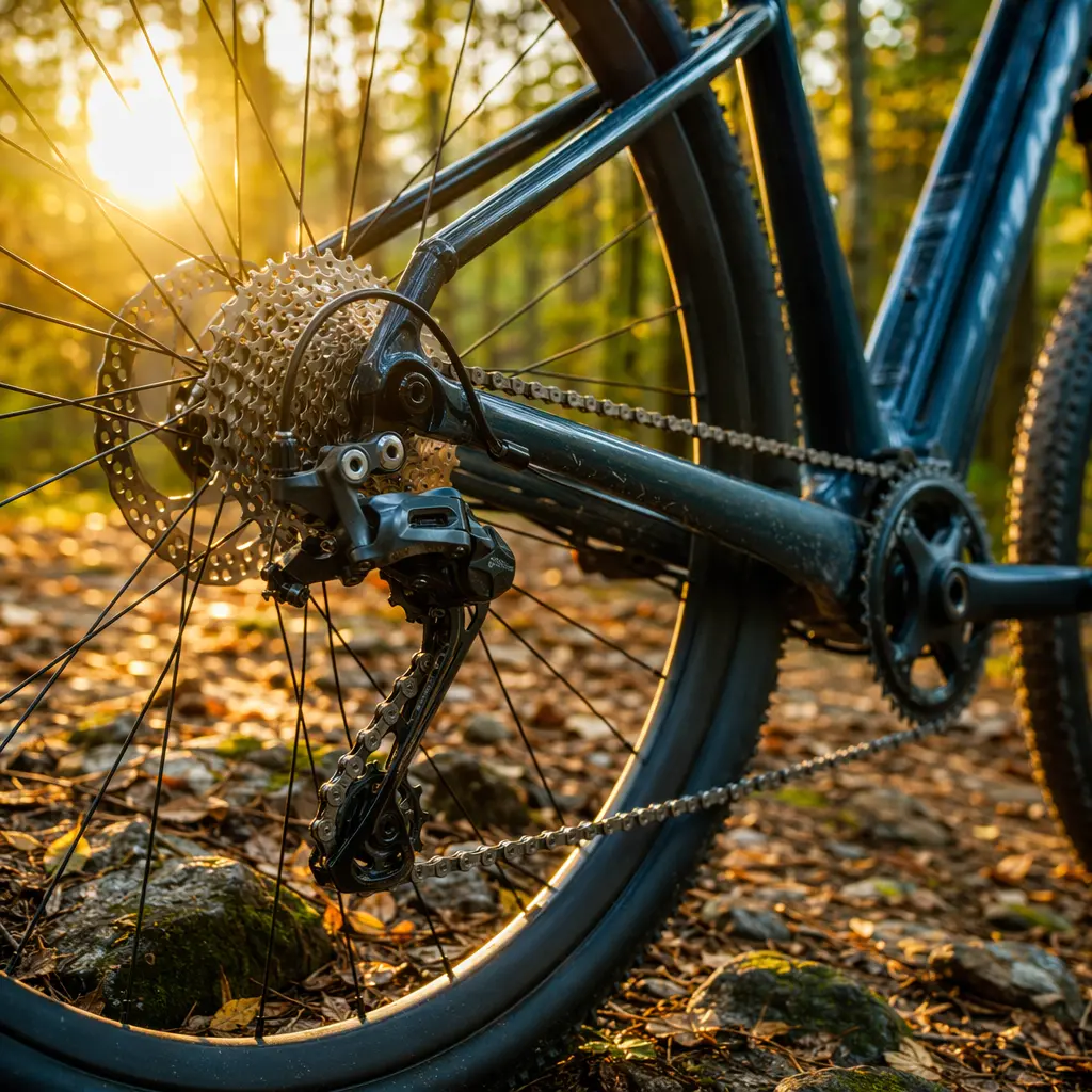 Close-up of a hybrid bike drivetrain and rear wheel in warm sunlight