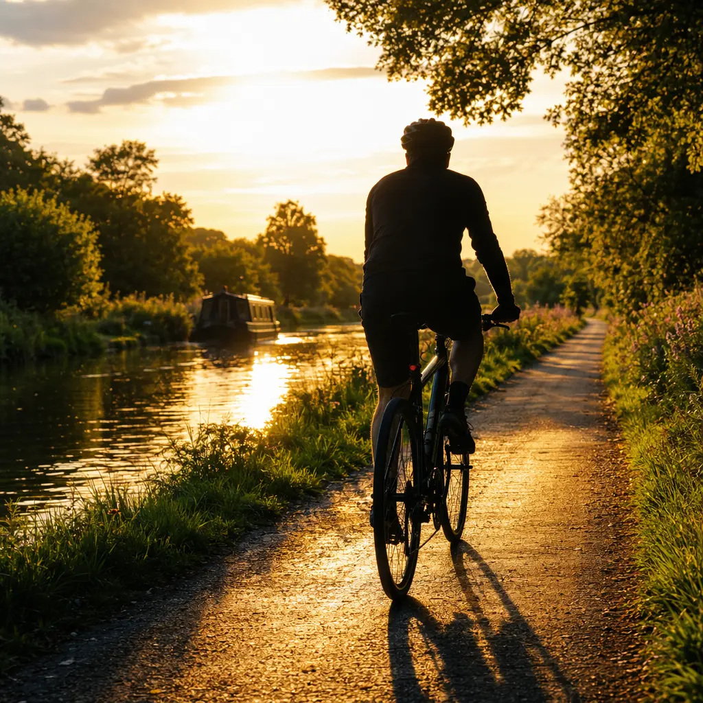 Silhouette of a cyclist riding a hybrid bike along a sunny canal towpath at golden hour