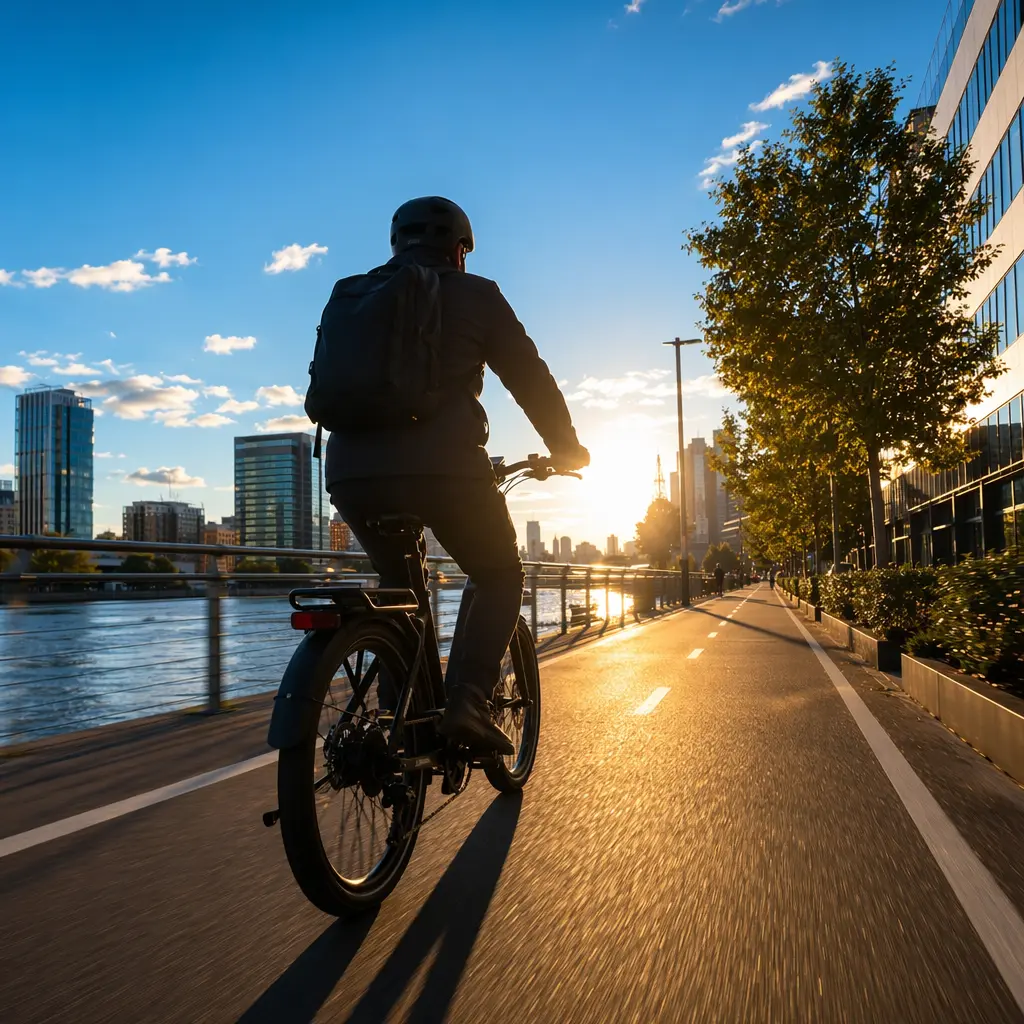 Silhouetted rider on an e-bike commuting through a city at golden hour