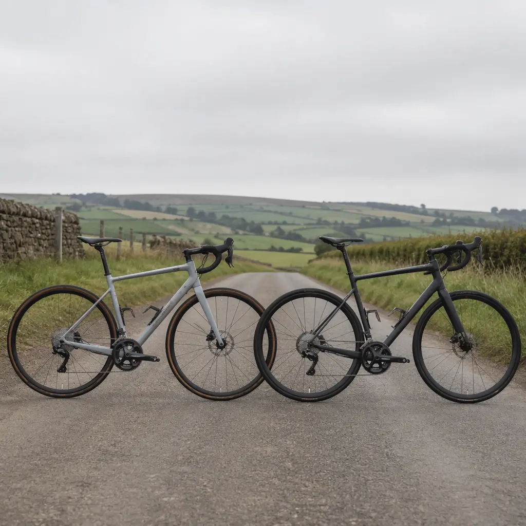 Two road bikes parked on a quiet UK lane, illustrating budget differences