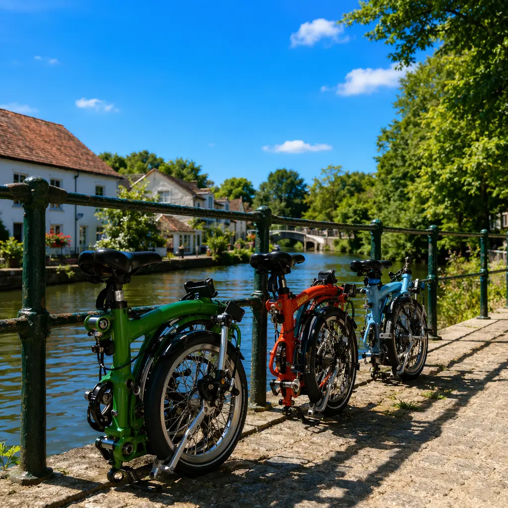 Two folded bikes resting beside a sunny canal towpath