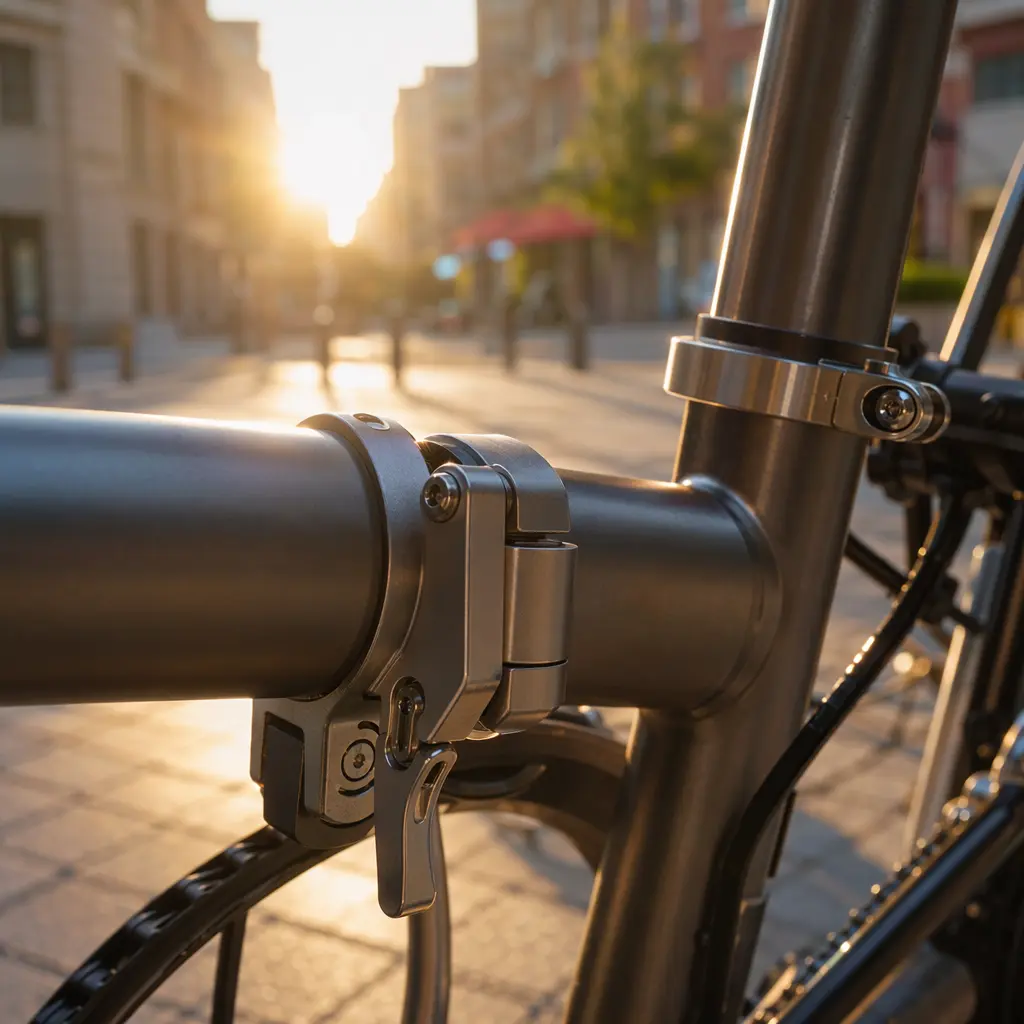 Close-up of a folding bike hinge in warm sunlight