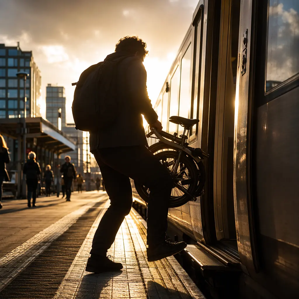 Silhouette of a commuter lifting a folded bike on a sunlit station platform