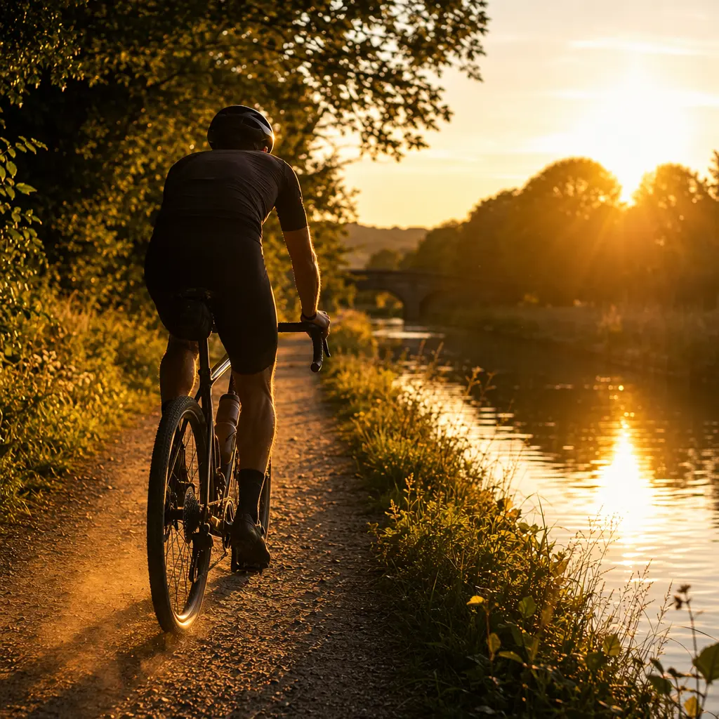 Gravel bike being ridden along a UK canal towpath in warm golden-hour light