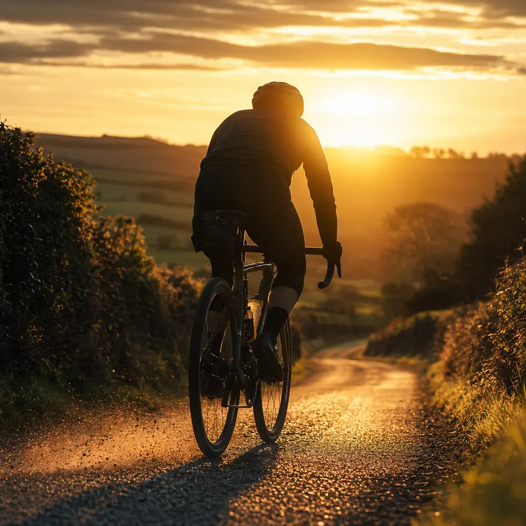 Silhouette of a rider on a gravel bike heading down a sunlit UK back lane at golden hour