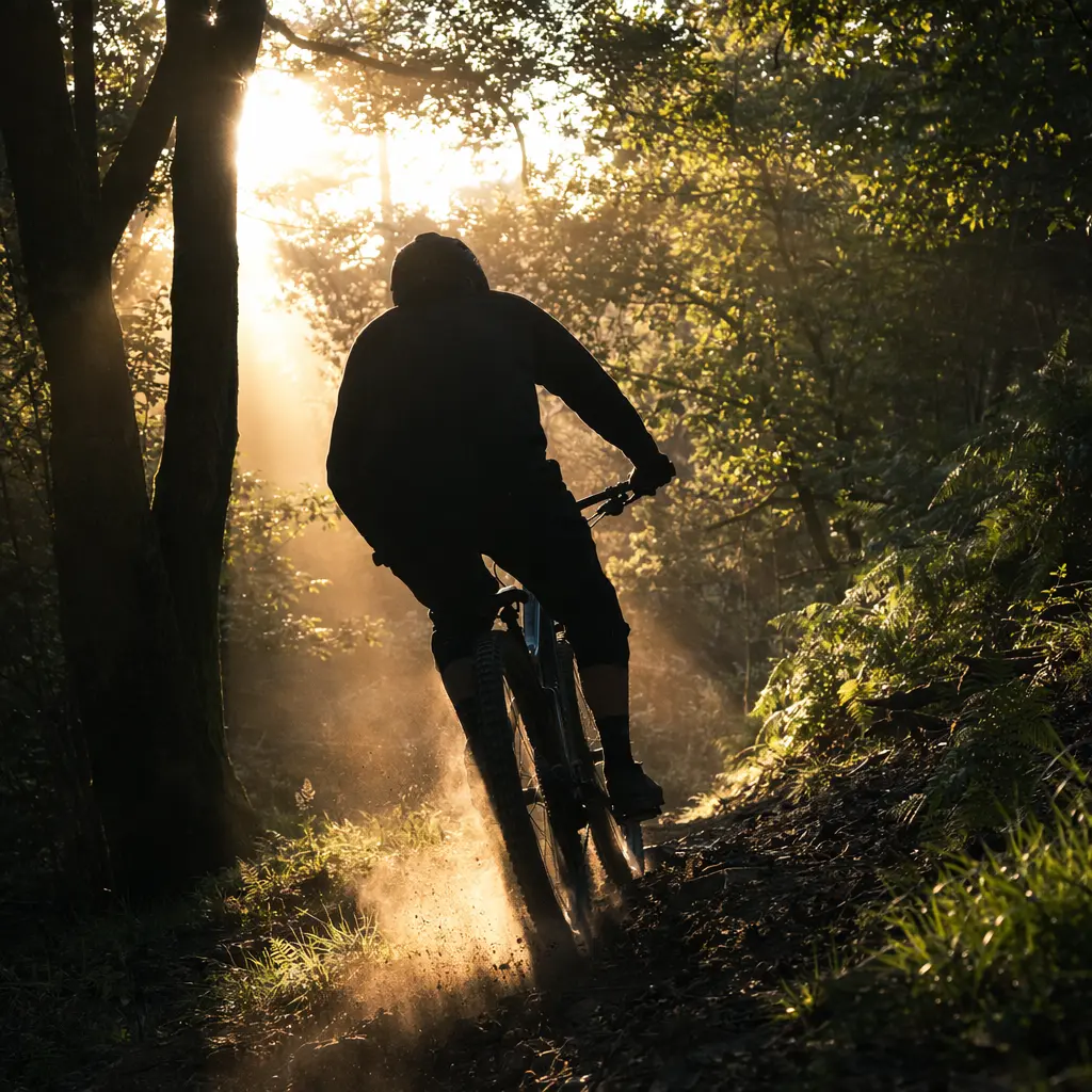 Mountain bike rider descending a woodland trail in warm morning sunlight