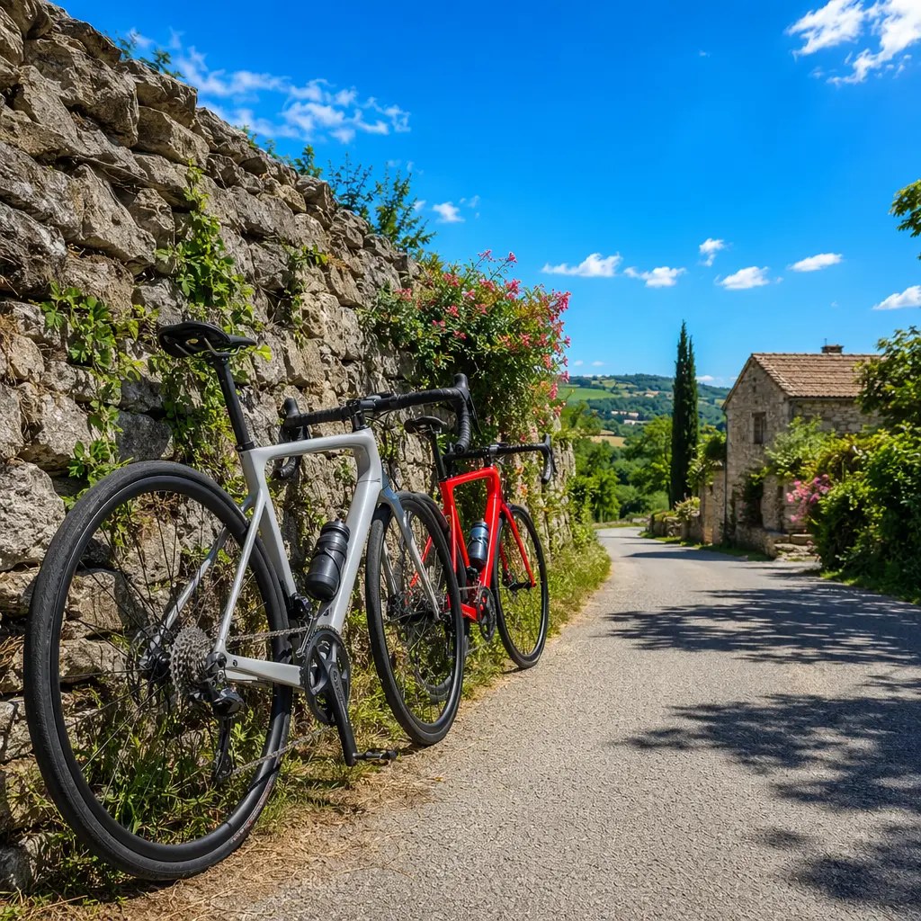 Two road bikes parked beside a sunny rural lane