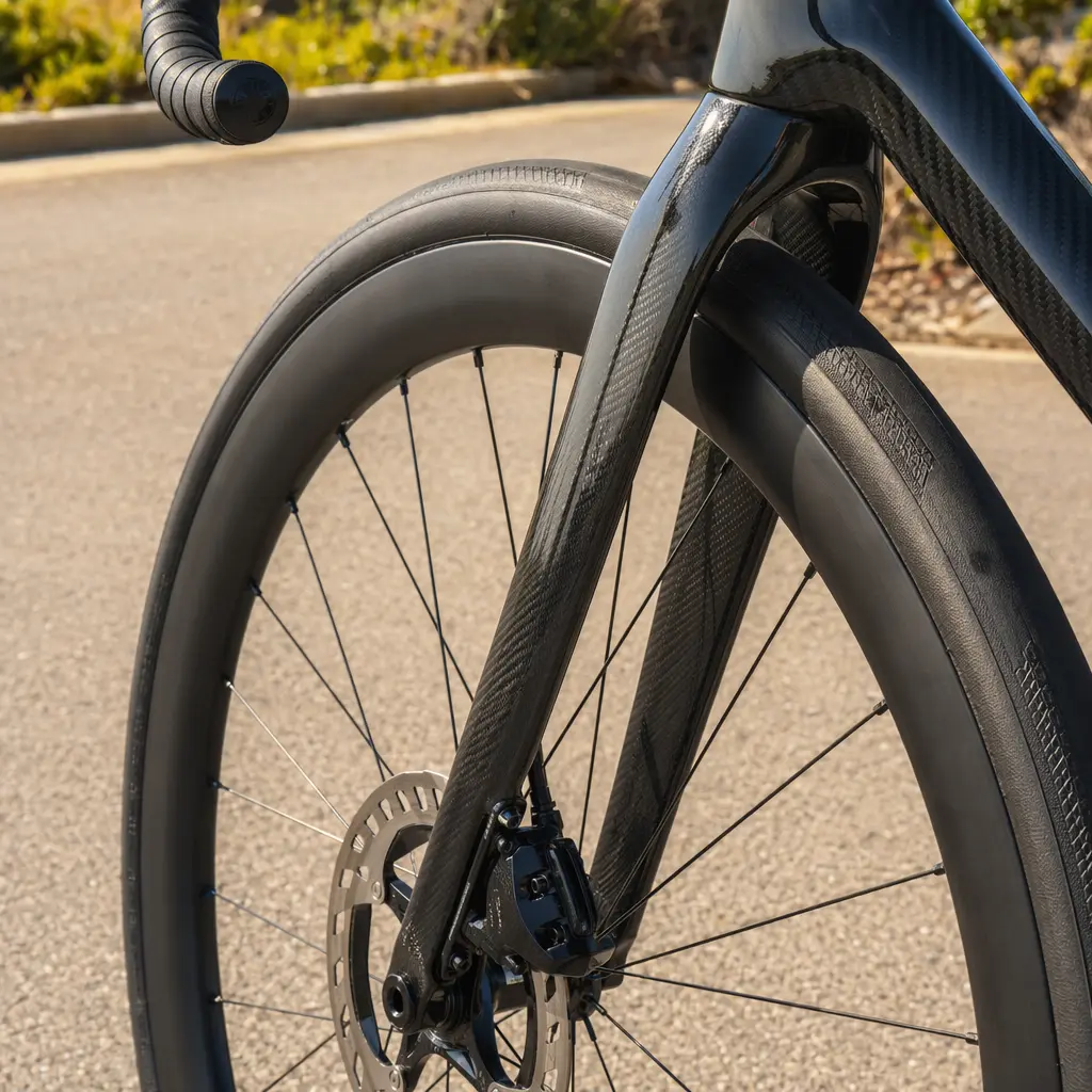 Close-up of a road bike fork, disc brake and tyre in bright sunlight