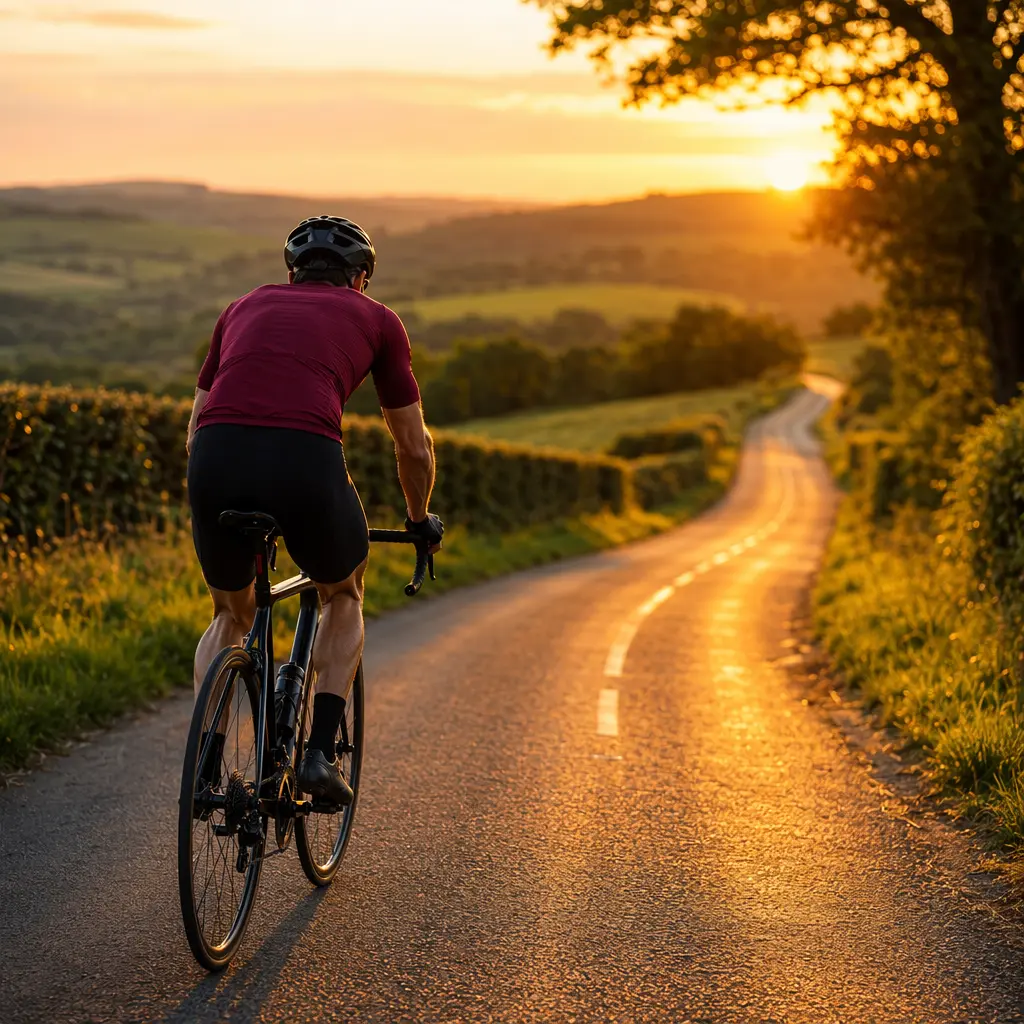 Road cyclist riding smoothly along a sunlit country lane at golden hour