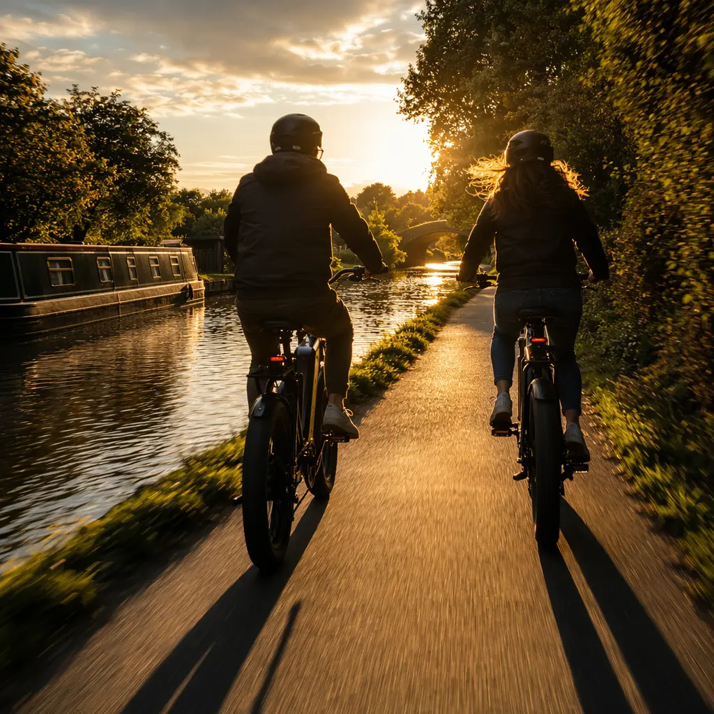 Two e-bikes being ridden along a canal towpath in warm evening light