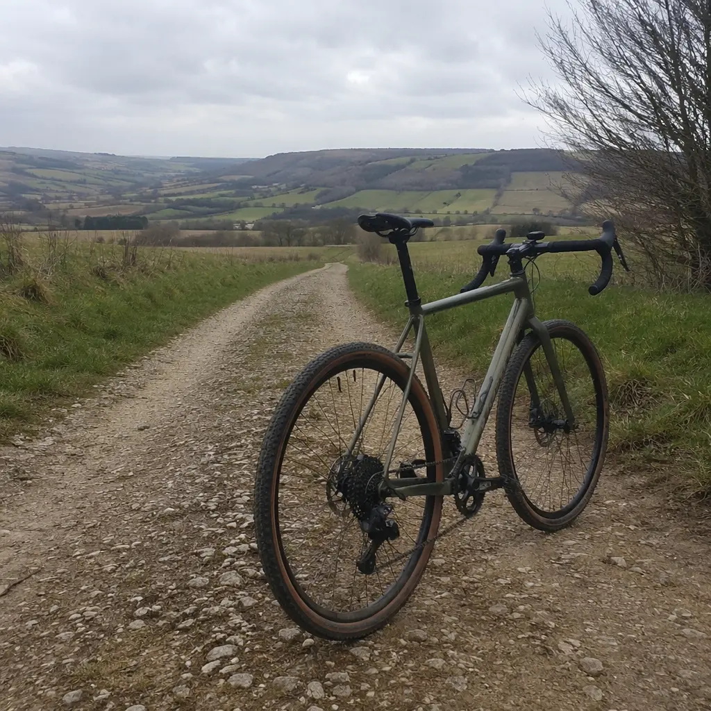 Gravel bike parked on a UK bridleway with mixed gravel and dirt surface