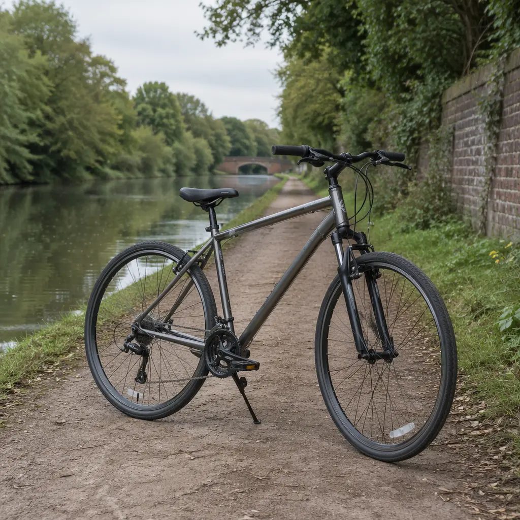 An entry-level hybrid bicycle beside a UK canal towpath