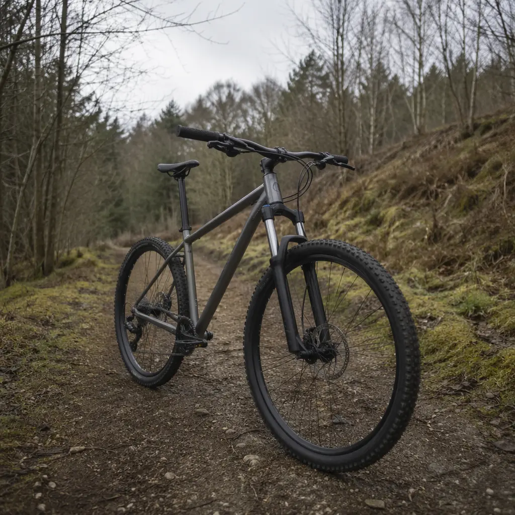 An entry-level hardtail mountain bike on a woodland trail in the UK