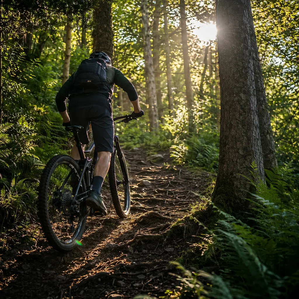 Hardtail mountain bike climbing a woodland trail in warm morning sunlight