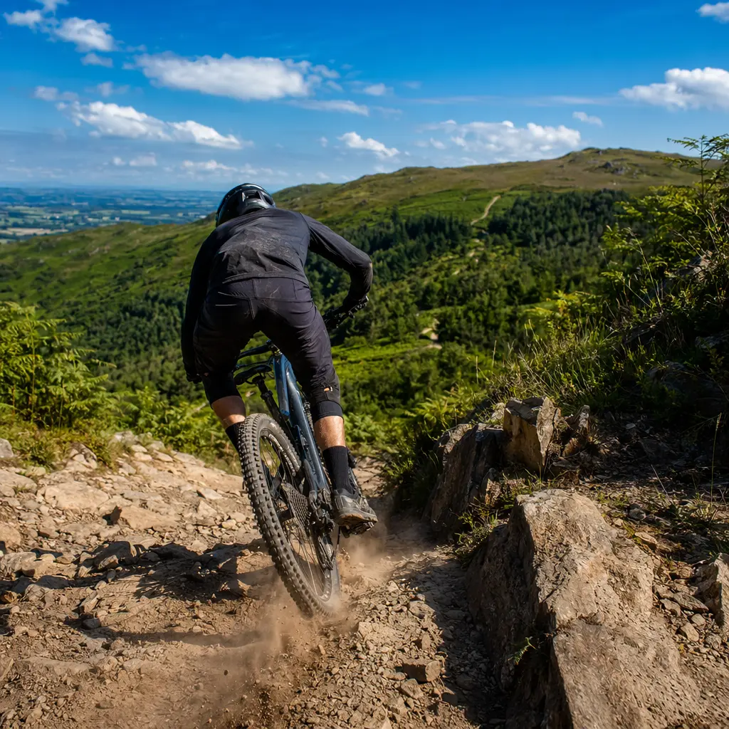 Mountain bike descending a rocky trail centre section under a bright blue sky