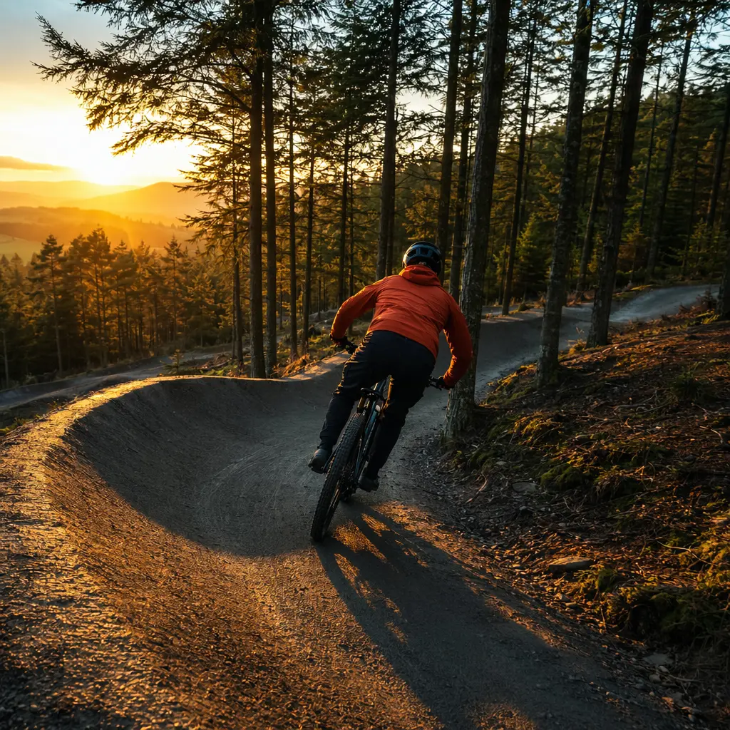 Mountain bike rider silhouette descending a sunlit UK trail centre at golden hour