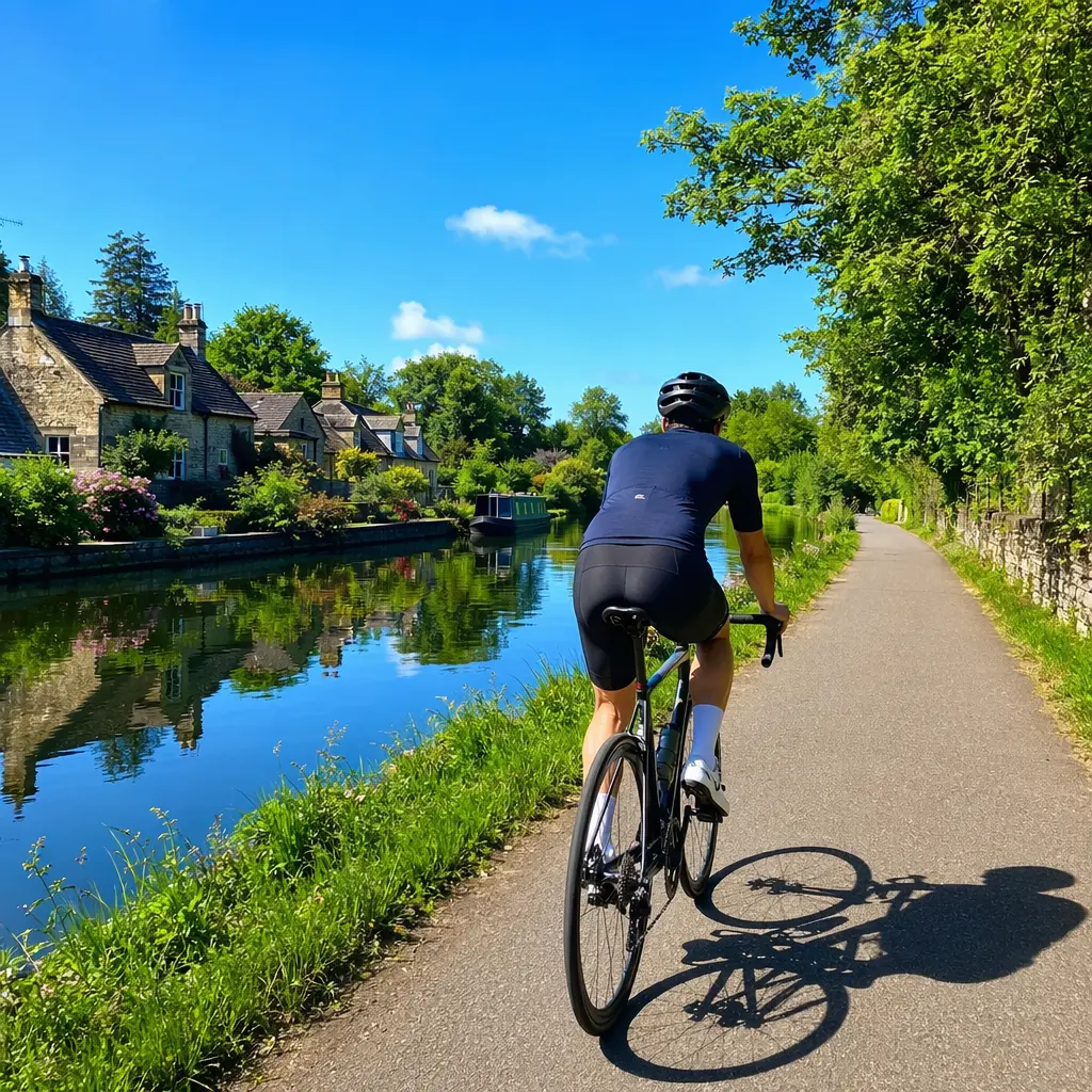 Road bike ridden along a sunny canal towpath under a bright blue sky
