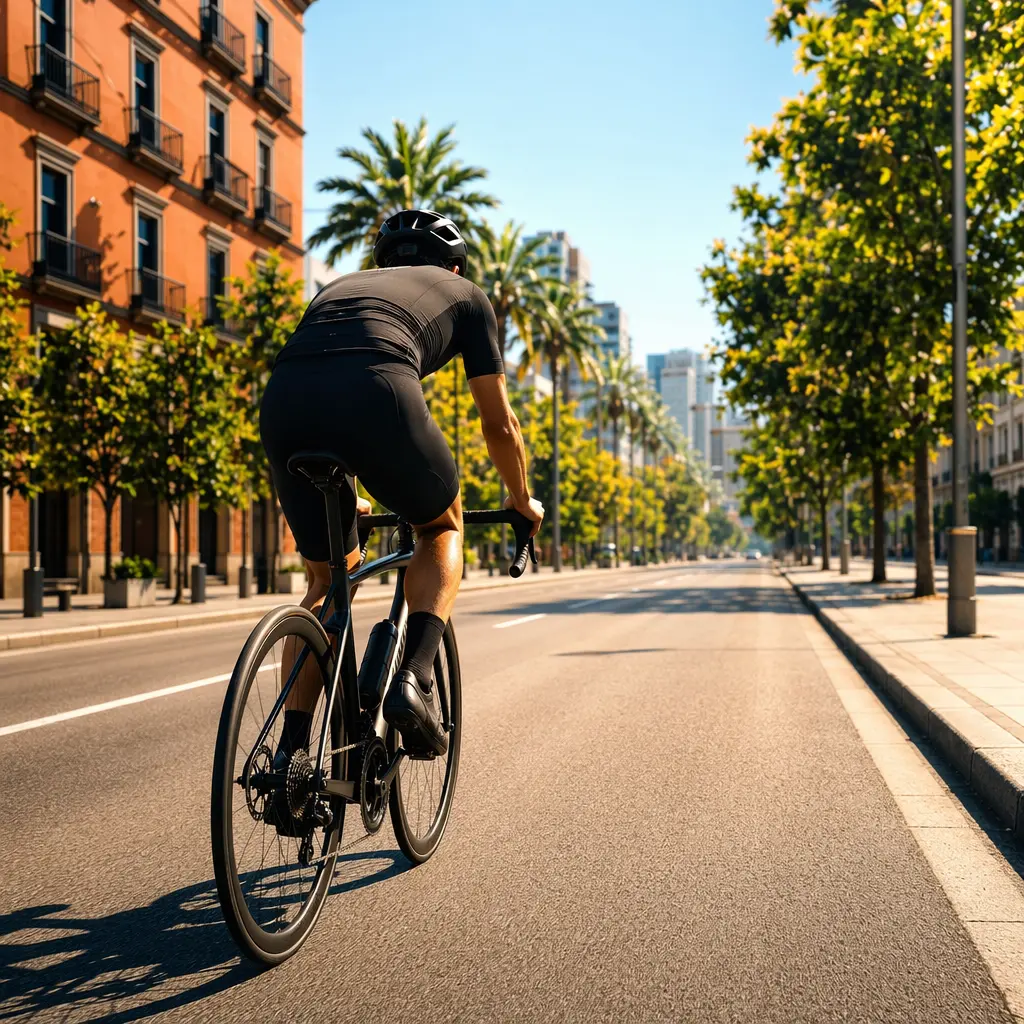 Road bike ridden through a sunlit city street in bright daytime light