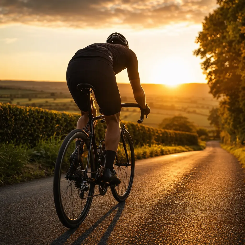 Road bike on a sunlit country lane at golden hour, rider silhouette from behind