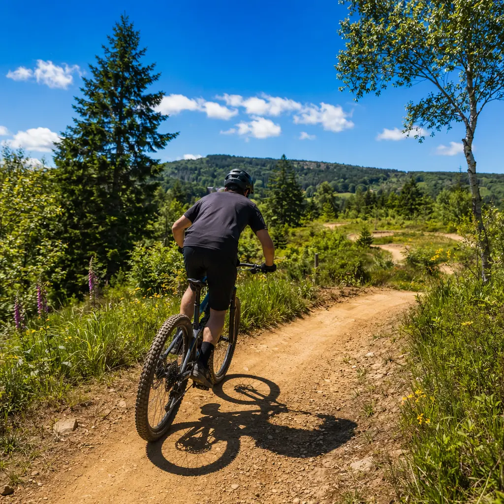 Hardtail mountain bike on a trail centre loop under a bright blue sky