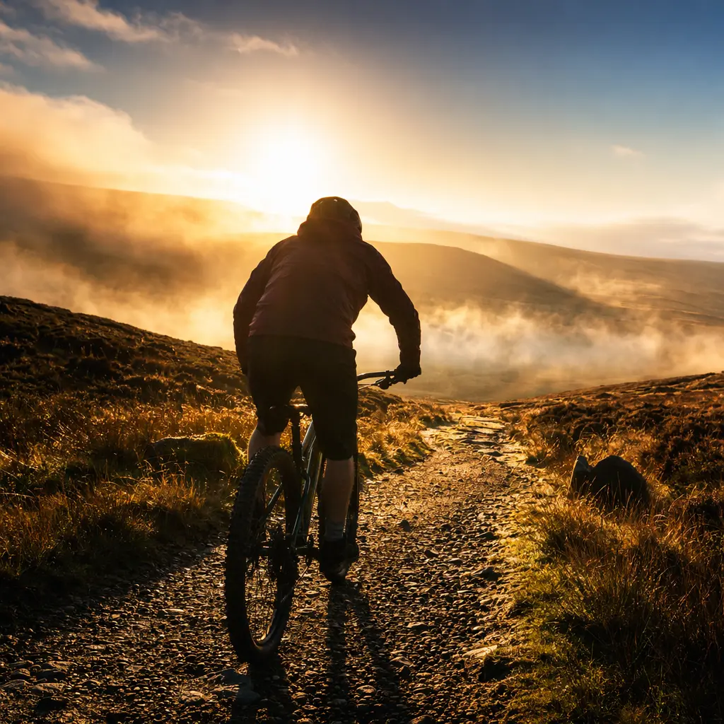 Hardtail mountain bike on a moorland trail in warm morning light