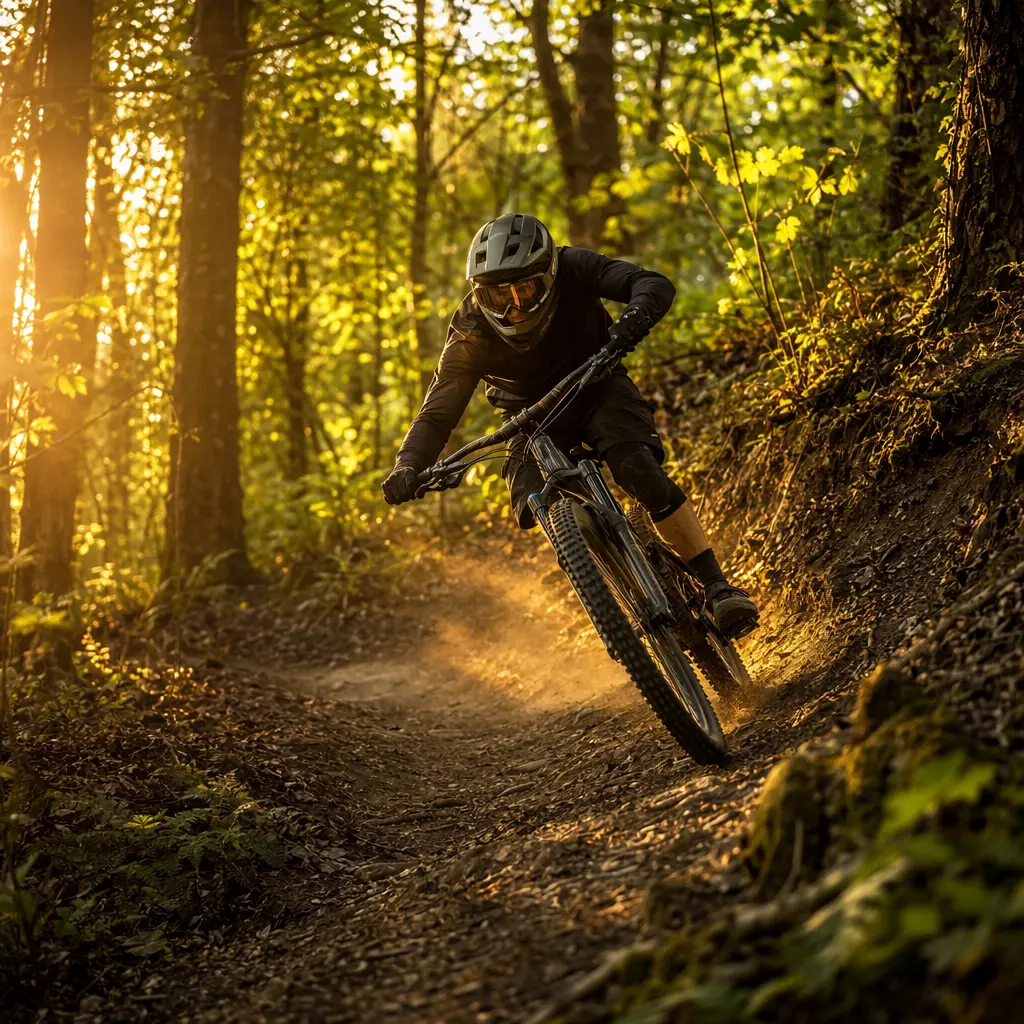 Hardtail mountain bike riding on a sunlit UK woodland trail at golden hour