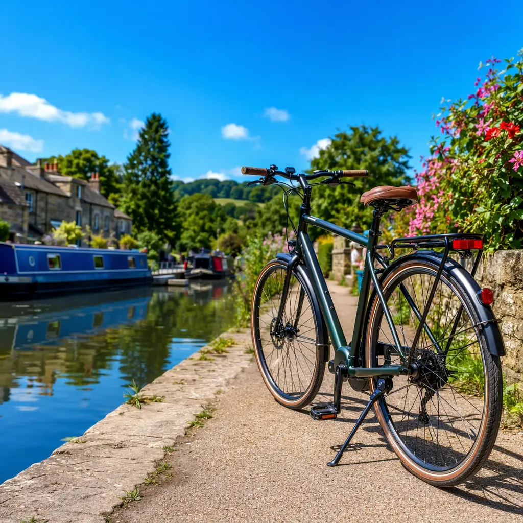 Commuter bike beside a sunny UK canal towpath