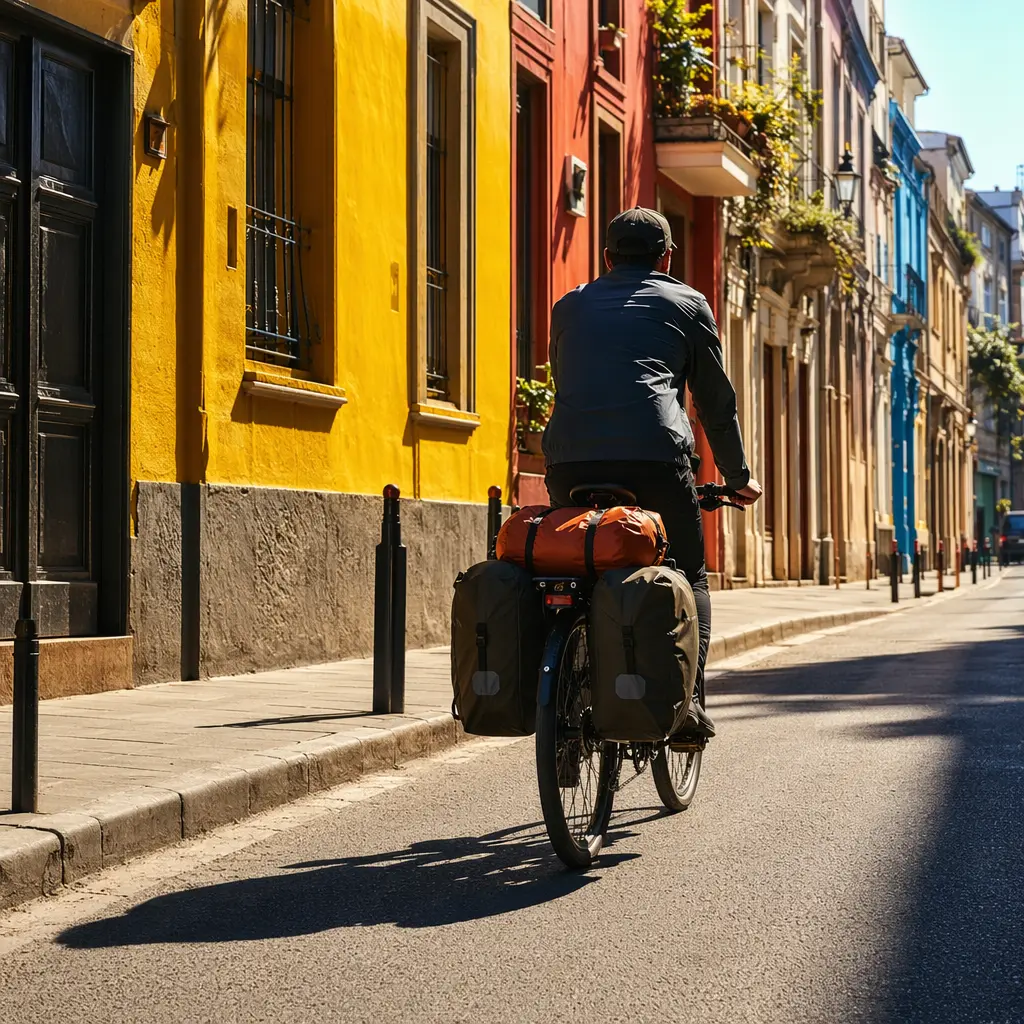 Premium commuter bike with panniers in bright city sunlight