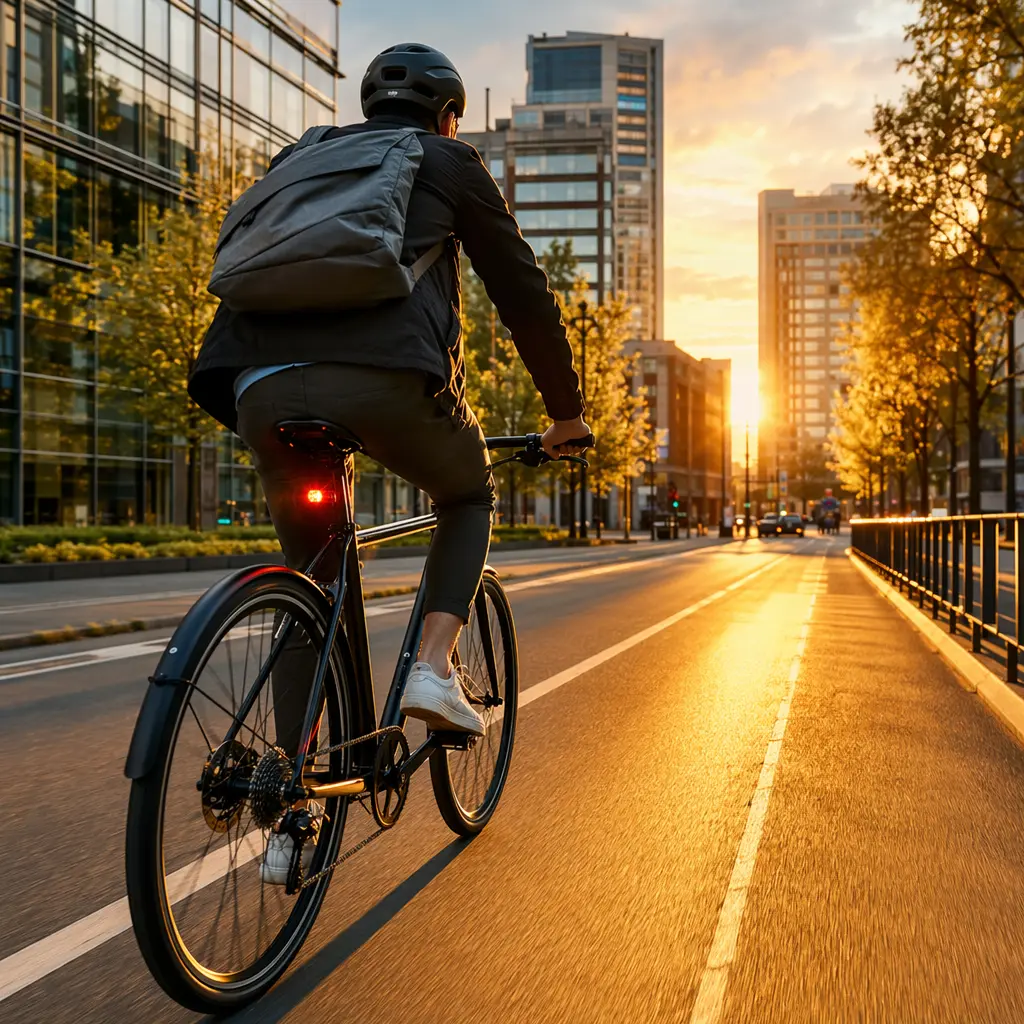 High-end commuter bike riding through a city cycle lane at golden hour