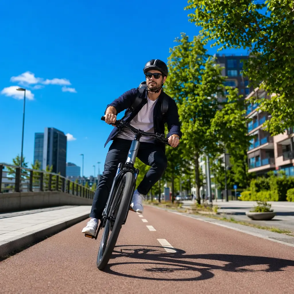 Commuter e-bike riding along a sunlit cycle lane under a bright blue sky