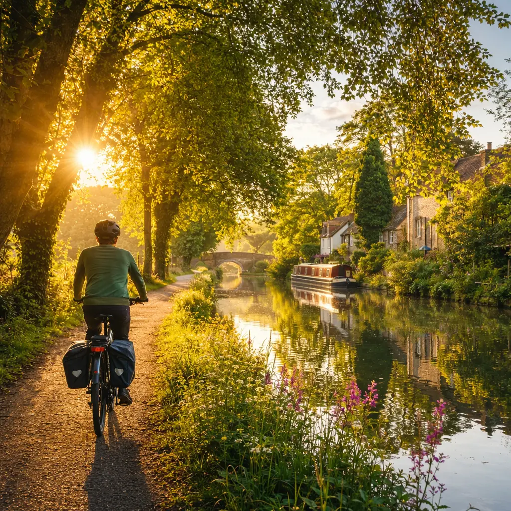 E-bike with panniers riding along a sunlit canal towpath in the morning