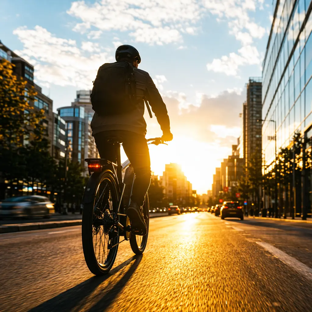 Silhouetted e-bike rider commuting through a city street in warm golden-hour light