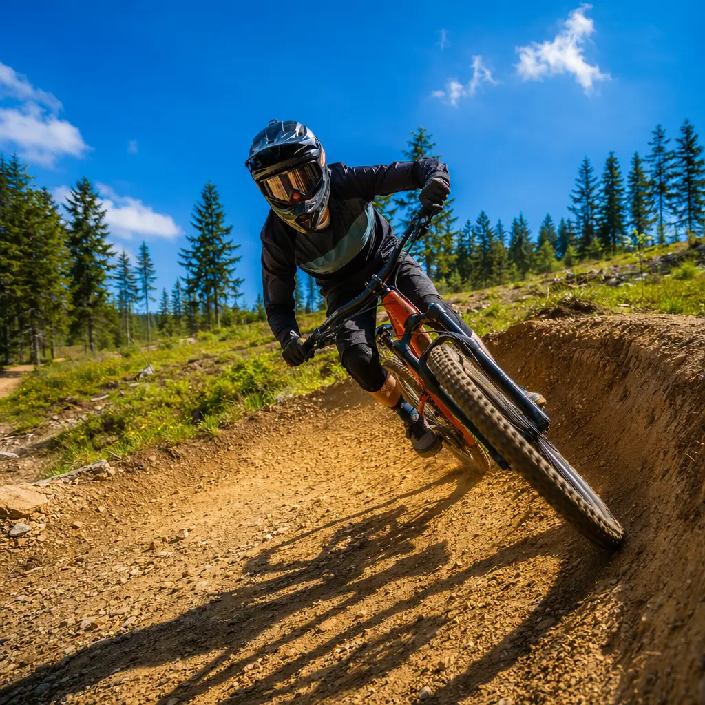 Full-suspension mountain bike cornering on a sunny UK trail centre