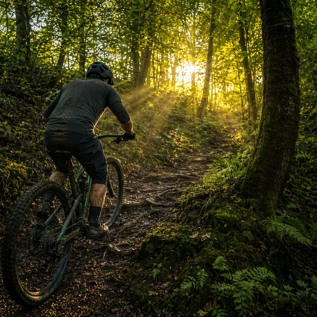 Full-suspension mountain bike climbing a rooty woodland trail in warm morning light