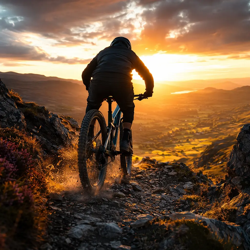 Silhouetted mountain biker descending a rocky trail at golden hour on a full-suspension bike