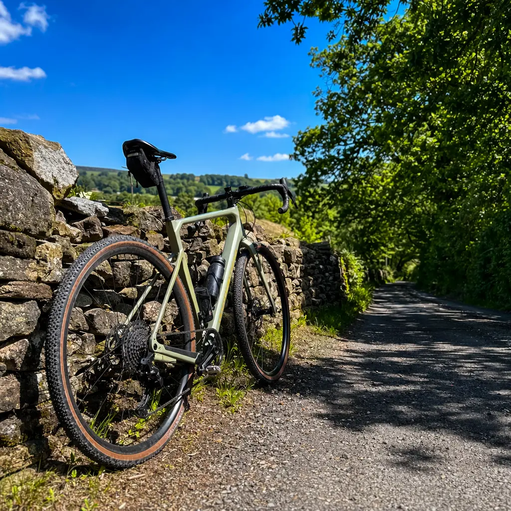 Gravel bike resting by a sunlit country lane under a bright blue sky