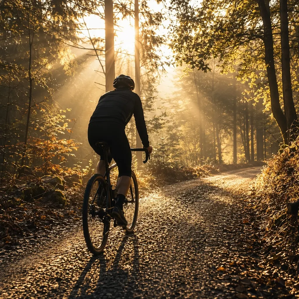 Rider on a gravel bike in woodland with warm morning sunlight