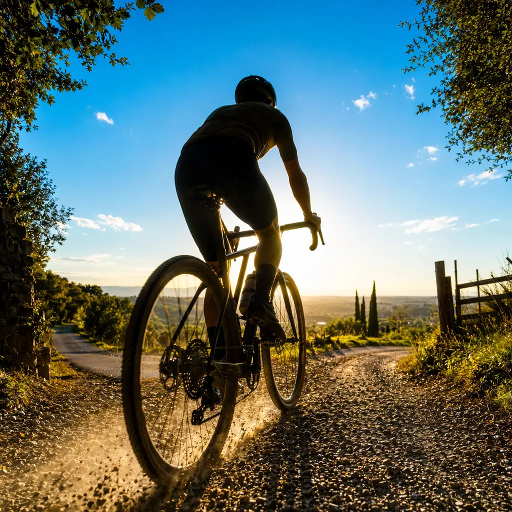 Silhouette of a rider on a gravel bike at golden hour on a country lane