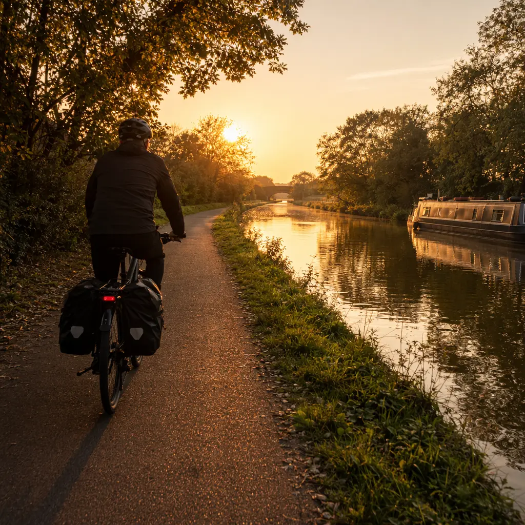 Premium hybrid bike commuting along a canal towpath at golden hour